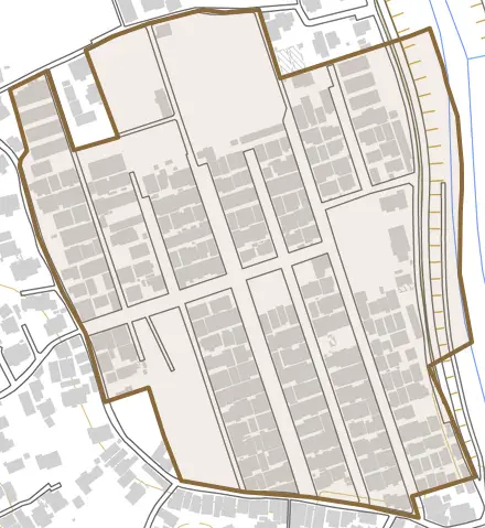 打越とその周辺の地図。町の範囲を重ねている