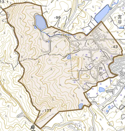 西部とその周辺の地図。町の範囲を重ねている