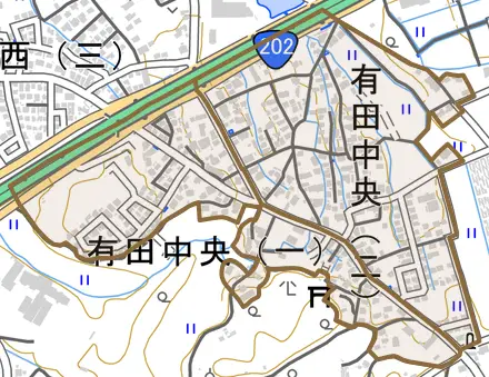 有田中央とその周辺の地図。町の範囲を重ねている