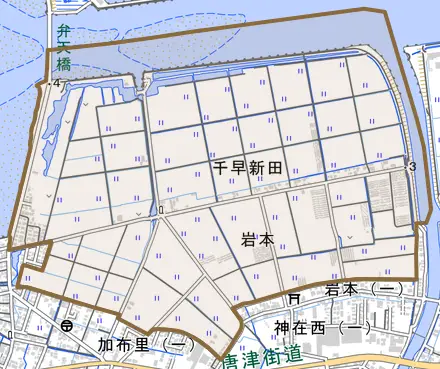 千早新田とその周辺の地図。町の範囲を重ねている
