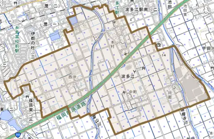 波多江とその周辺の地図。町の範囲を重ねている