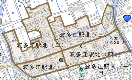 波多江駅北とその周辺の地図。町の範囲を重ねている