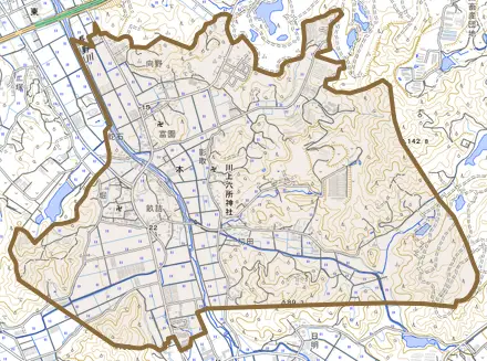 本とその周辺の地図。町の範囲を重ねている