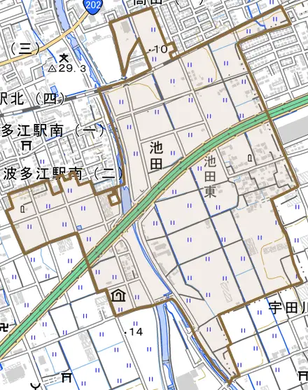 池田とその周辺の地図。町の範囲を重ねている
