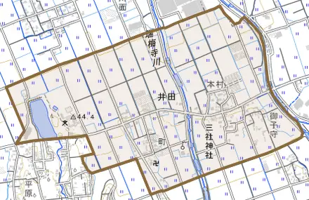 井田とその周辺の地図。町の範囲を重ねている