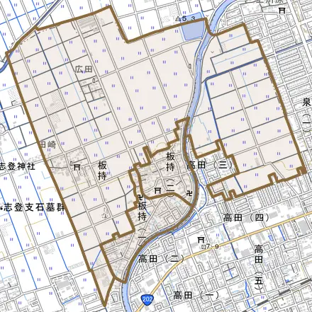 板持とその周辺の地図。町の範囲を重ねている