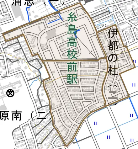 伊都の杜とその周辺の地図。町の範囲を重ねている