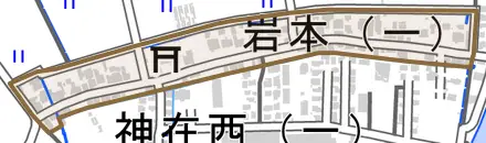 岩本とその周辺の地図。町の範囲を重ねている