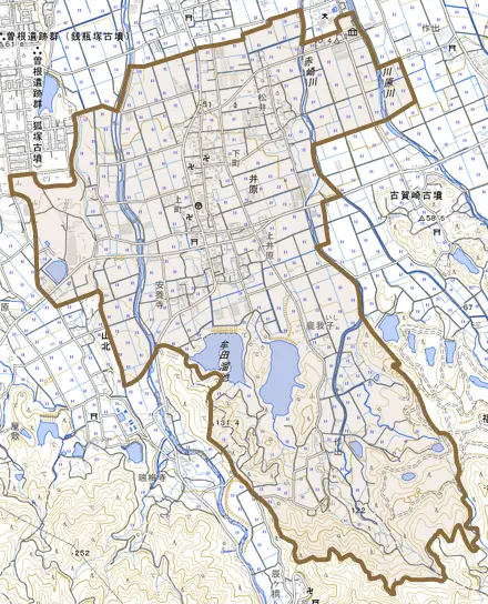井原とその周辺の地図。町の範囲を重ねている