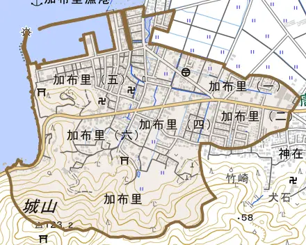 加布里とその周辺の地図。町の範囲を重ねている