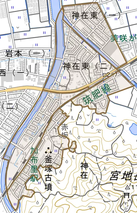 神在東とその周辺の地図。町の範囲を重ねている