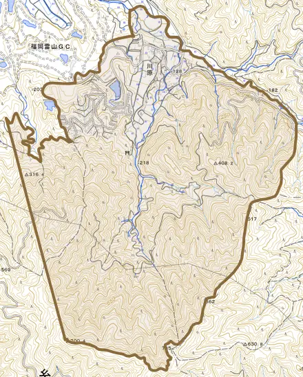 川原とその周辺の地図。町の範囲を重ねている
