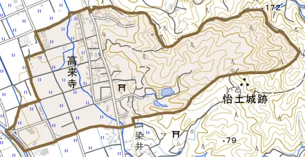 高来寺とその周辺の地図。町の範囲を重ねている