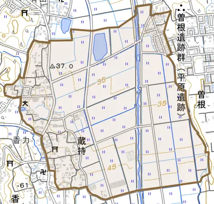 蔵持とその周辺の地図。町の範囲を重ねている