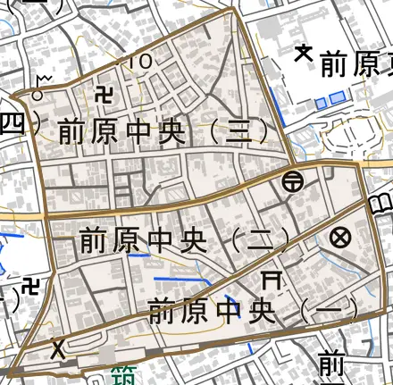 前原中央とその周辺の地図。町の範囲を重ねている