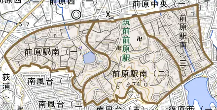 前原駅南とその周辺の地図。町の範囲を重ねている