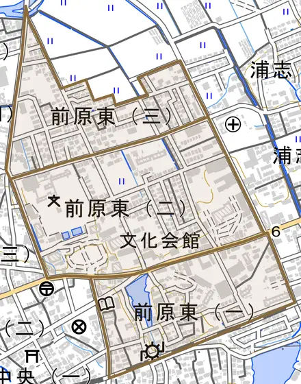 前原東とその周辺の地図。町の範囲を重ねている