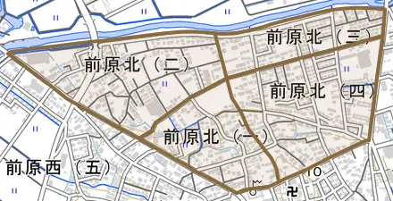 前原北とその周辺の地図。町の範囲を重ねている