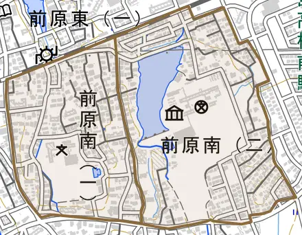 前原南とその周辺の地図。町の範囲を重ねている