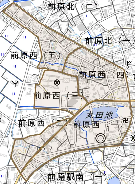 前原西とその周辺の地図。町の範囲を重ねている