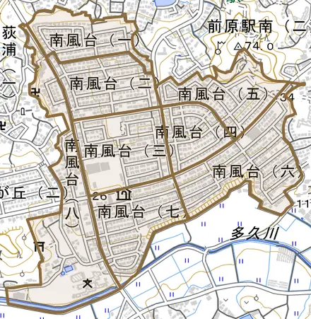 南風台とその周辺の地図。町の範囲を重ねている