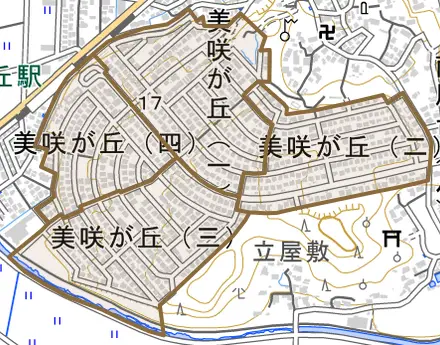 美咲が丘とその周辺の地図。町の範囲を重ねている