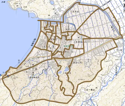 二丈深江とその周辺の地図。町の範囲を重ねている