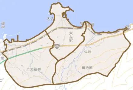 二丈福井とその周辺の地図。町の範囲を重ねている