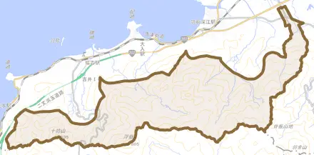 二丈波呂とその周辺の地図。町の範囲を重ねている