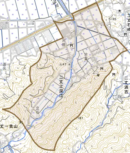 二丈上深江とその周辺の地図。町の範囲を重ねている