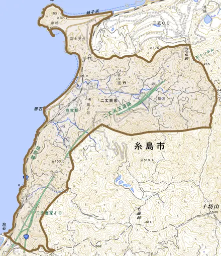 二丈鹿家とその周辺の地図。町の範囲を重ねている