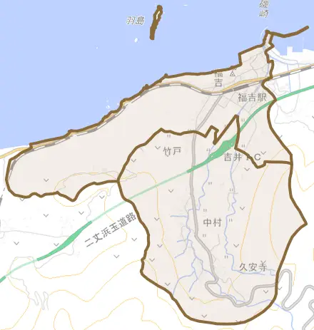 二丈吉井とその周辺の地図。町の範囲を重ねている