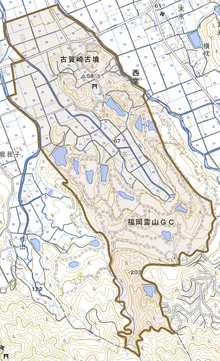 西堂とその周辺の地図。町の範囲を重ねている