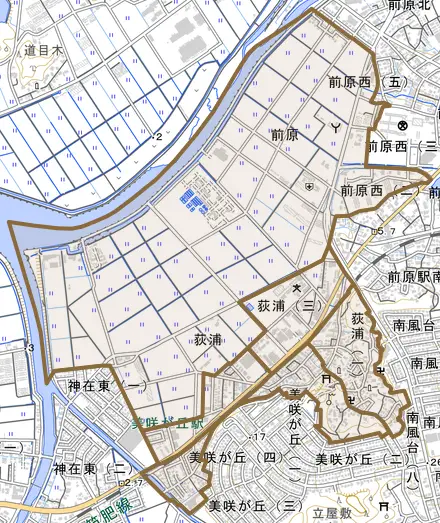 荻浦とその周辺の地図。町の範囲を重ねている