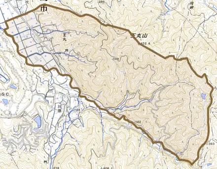 王丸とその周辺の地図。町の範囲を重ねている