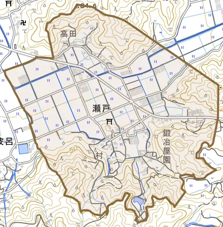 瀬戸とその周辺の地図。町の範囲を重ねている
