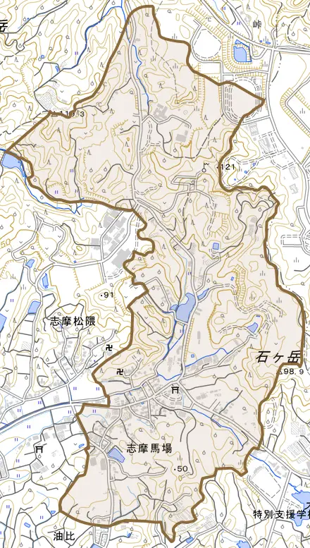 志摩馬場とその周辺の地図。町の範囲を重ねている