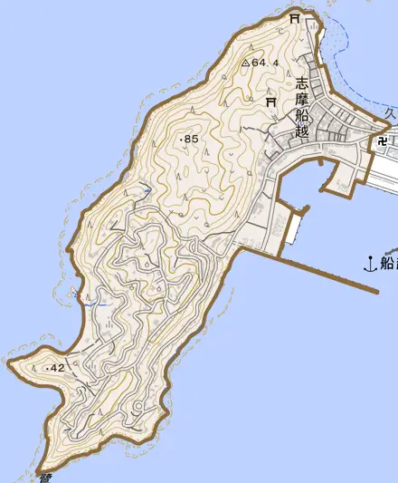 志摩船越とその周辺の地図。町の範囲を重ねている