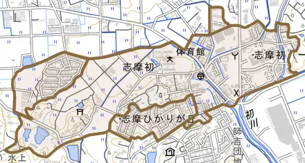 志摩初とその周辺の地図。町の範囲を重ねている