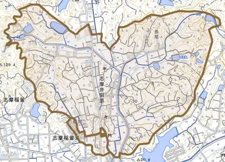 志摩井田原とその周辺の地図。町の範囲を重ねている