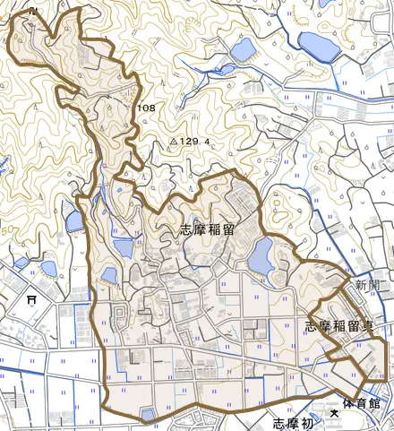 志摩稲留とその周辺の地図。町の範囲を重ねている