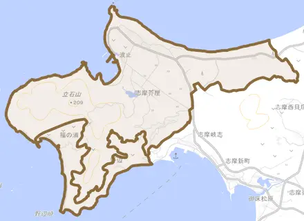 志摩芥屋とその周辺の地図。町の範囲を重ねている