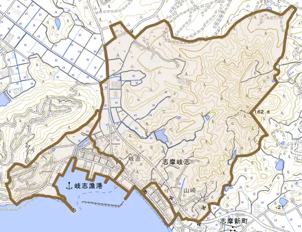 志摩岐志とその周辺の地図。町の範囲を重ねている