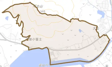 志摩小富士とその周辺の地図。町の範囲を重ねている
