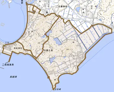 志摩久家とその周辺の地図。町の範囲を重ねている