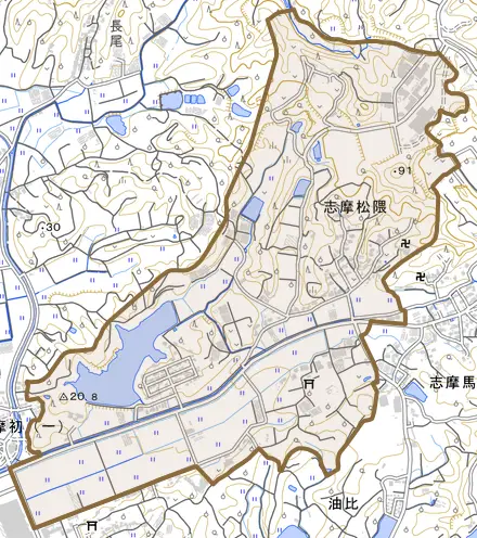 志摩松隈とその周辺の地図。町の範囲を重ねている