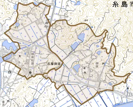 志摩御床とその周辺の地図。町の範囲を重ねている
