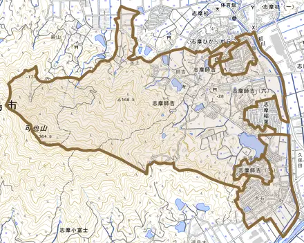 志摩師吉とその周辺の地図。町の範囲を重ねている