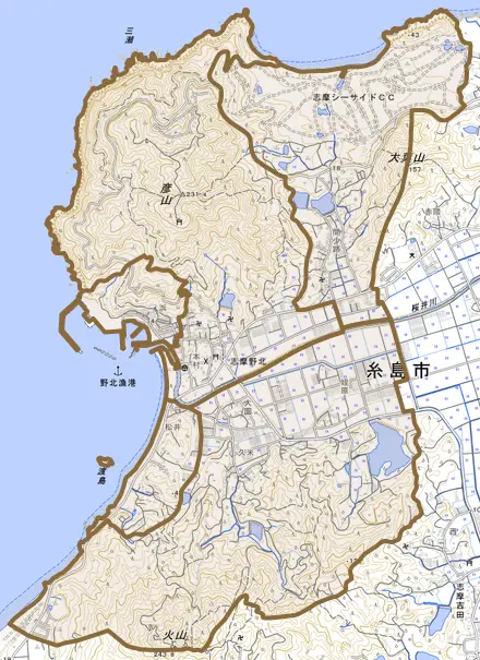 志摩野北とその周辺の地図。町の範囲を重ねている