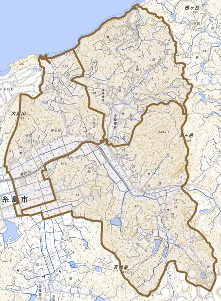 志摩桜井とその周辺の地図。町の範囲を重ねている